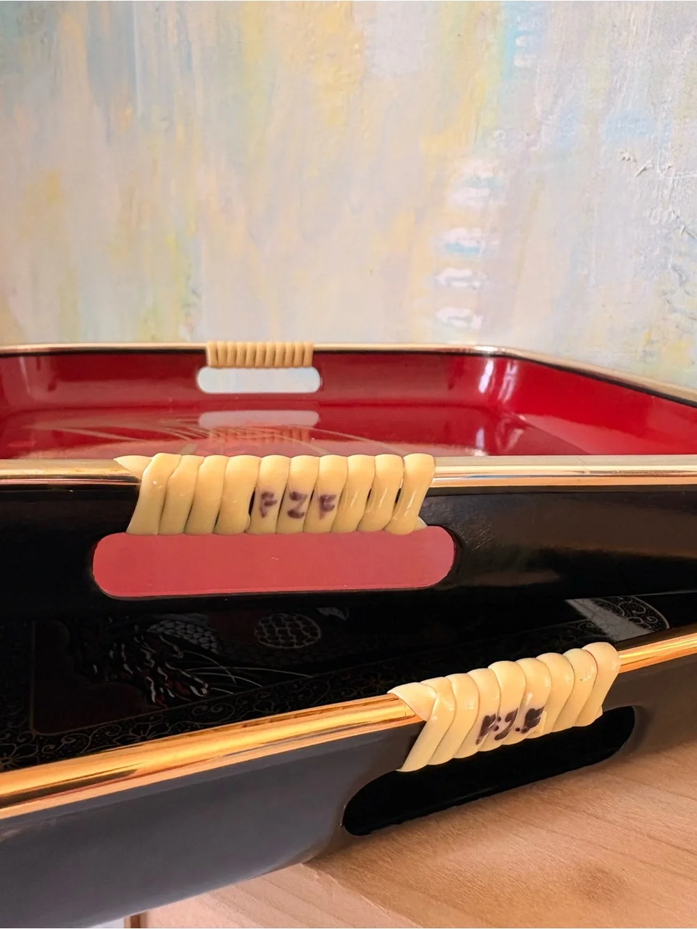 Vintage 1980s Lacquerware-Style Black and Red Floral Peacock Vanity Trays
